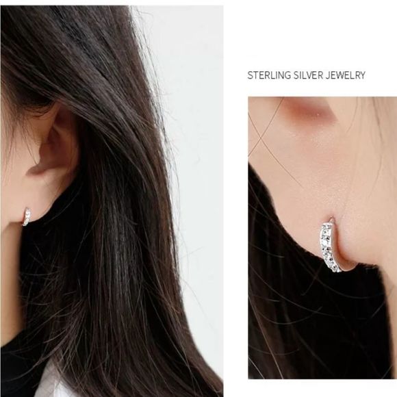 Diamond Silver Earrings, Cubic Zirconia Pierced Hoops, 925 Sterling Silver - Picture 10 of 10